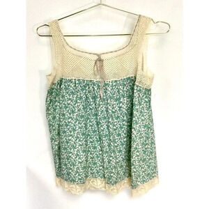 Frippery Women's Blue Green Crochet Floral Lace Trim Sleeveless Top Size Medium